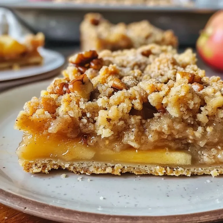 Baking Memories: The Apple Streusel Bars That Whisk Us Away to Cozy Fall Days Close-up shot of golden-brown Apple Streusel Bars with visible apple chunks and crumbly topping.