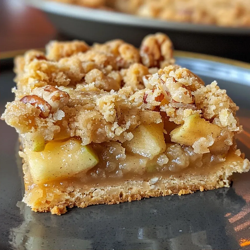 Side view of delicious apple streusel bars showcasing diced apples and streusel.