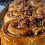 Close-up view of freshly baked apple walnut cinnamon rolls with a gooey glaze.