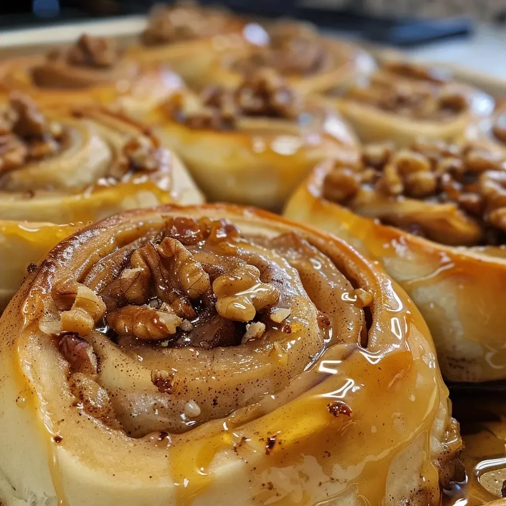 Side view of cinnamon rolls with chunks of apple and walnuts, topped with cream cheese frosting.