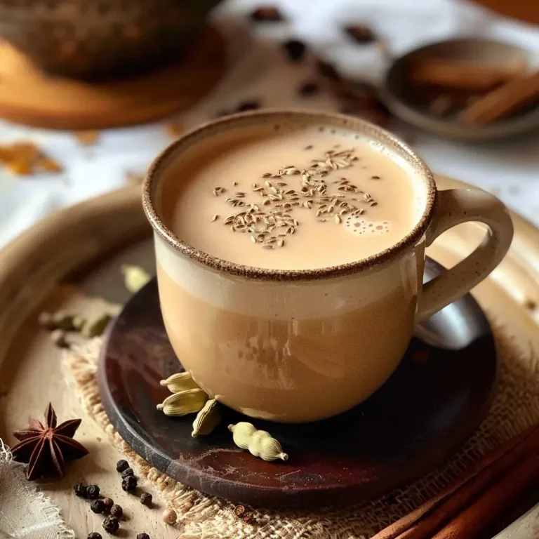 A close-up view of a steaming cup of authentic masala chai with spices around it.