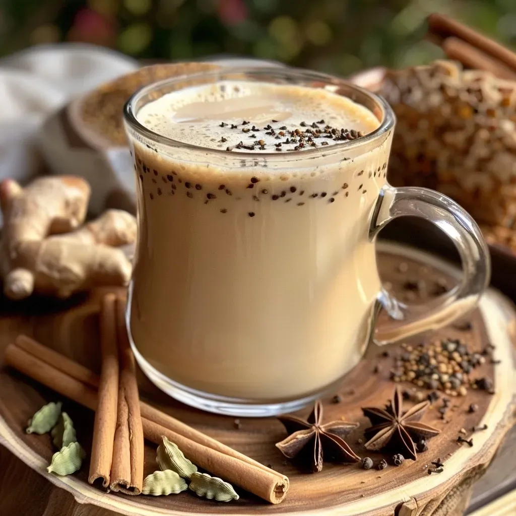 Side view of a delicious masala chai in a cup, highlighting the rich color and spices.