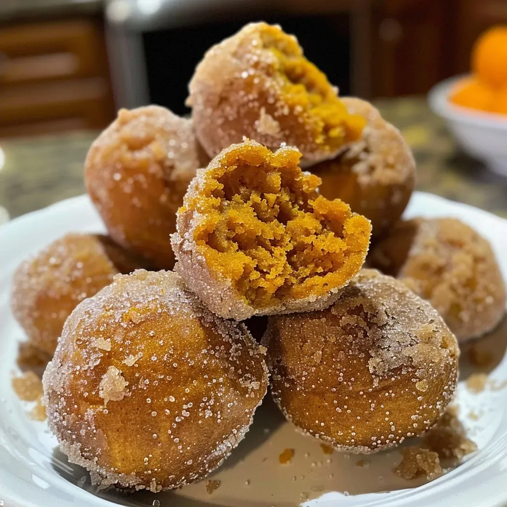 Side view of delicious, fluffy baked pumpkin donut holes dusted with cinnamon sugar.