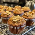 Close-up of golden brown banana walnut muffins topped with a crumbly streusel topping.