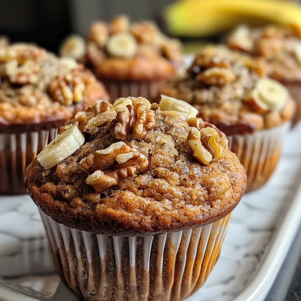 Side view of banana walnut muffins with visible walnut pieces and streusel on top.
