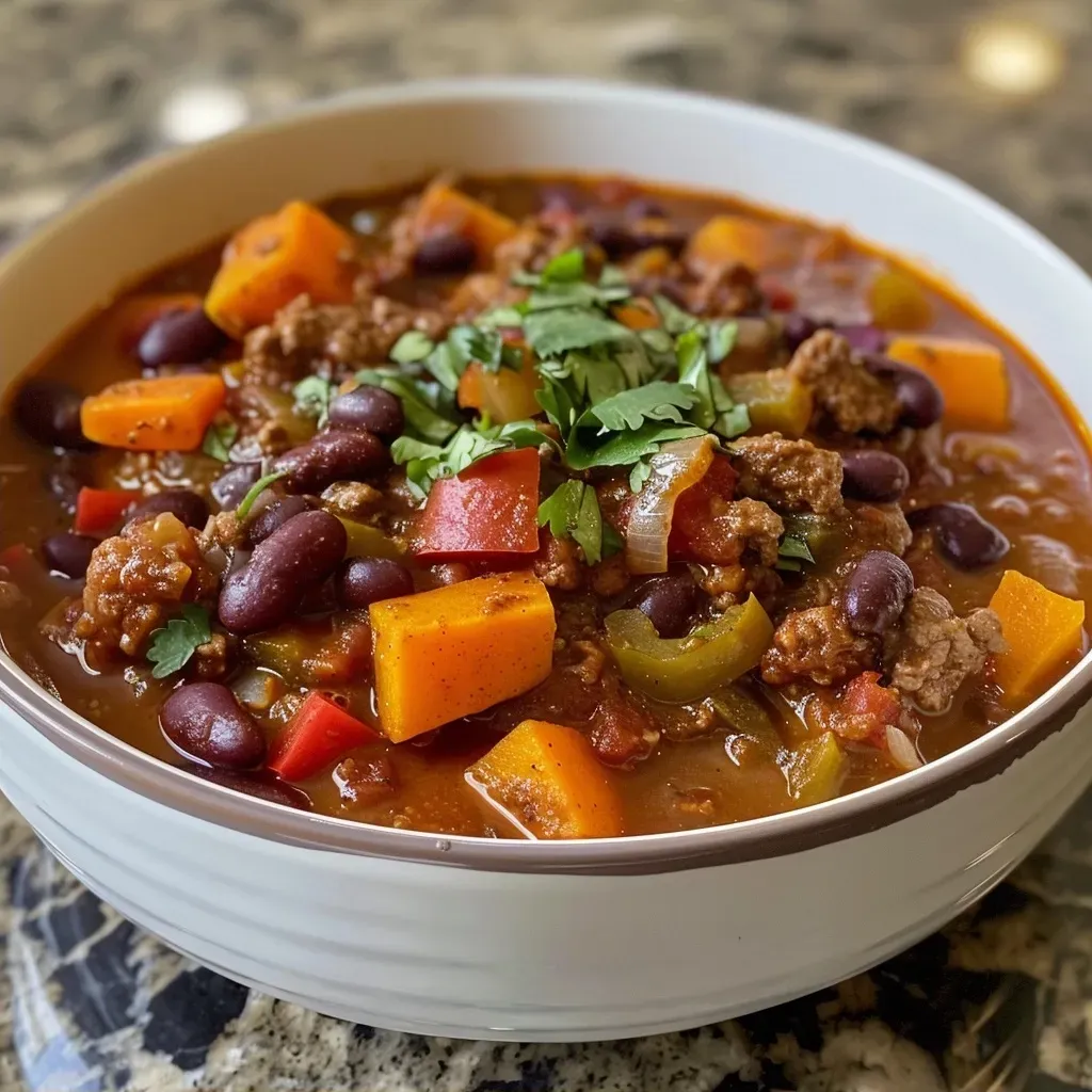 Side view of a hearty beef and sweet potato chili with colorful ingredients visible.