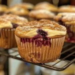 Close-up view of Berry Cream Cheese Muffins with juicy berries on top.