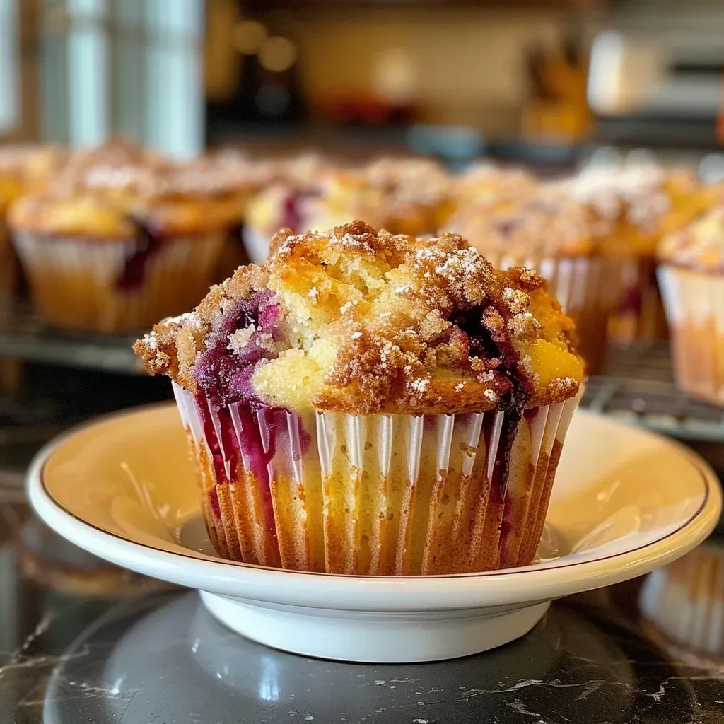 Side view of freshly baked Berry Cream Cheese Muffins showcasing vibrant blueberries and raspberries.