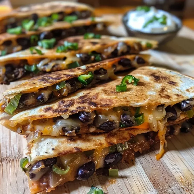 Fiesta on a Plate: The Joy of Quick Black Bean Quesadillas Close-up side view of black bean quesadillas filled with cheese and garnished with scallions.