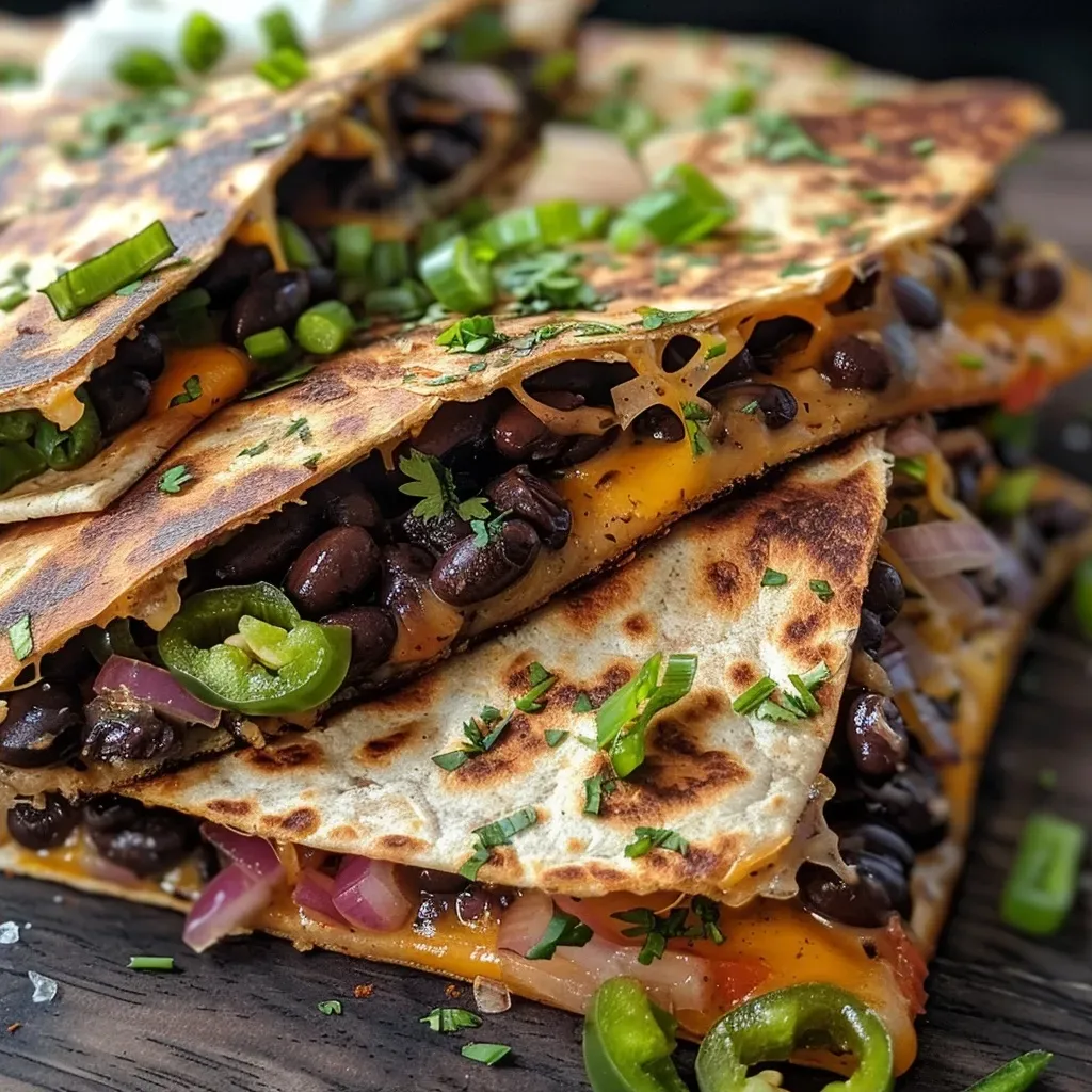 Juicy black bean quesadillas cut into wedges, with a vibrant filling visible.