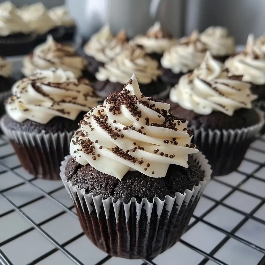 Close-up view of a Black Velvet Cupcake topped with a swirl of buttercream frosting and colorful sprinkles.