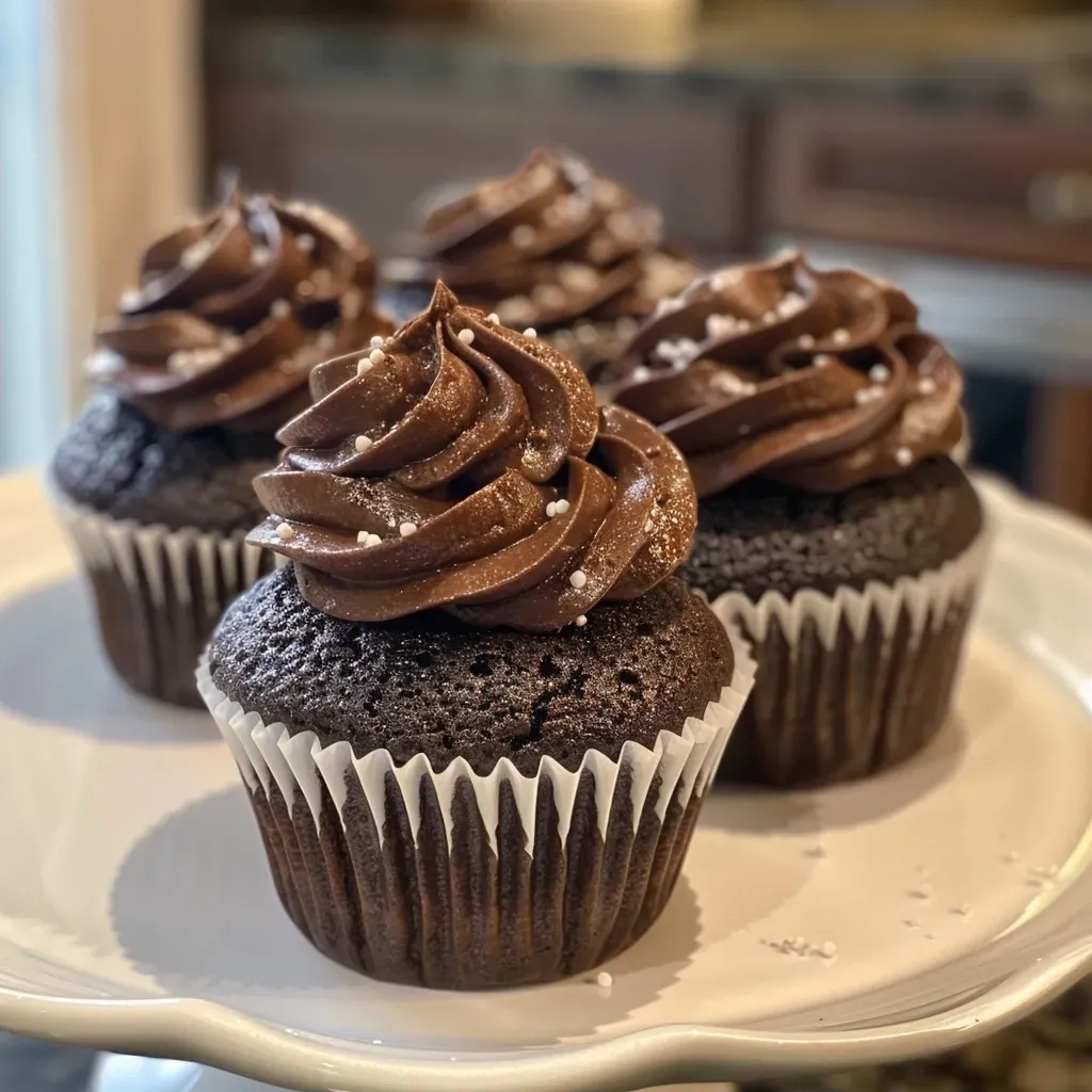 Side view of a juicy Black Velvet Cupcake with a rich chocolate color and creamy frosting.