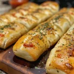 Close-up view of a delicious breadstick shaped like a bone, lightly brushed with butter and sprinkled with parmesan.
