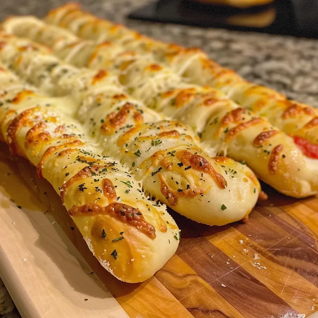 Side view of a golden, crunchy breadstick bone served with marinara sauce, highlighting its texture and shape.
