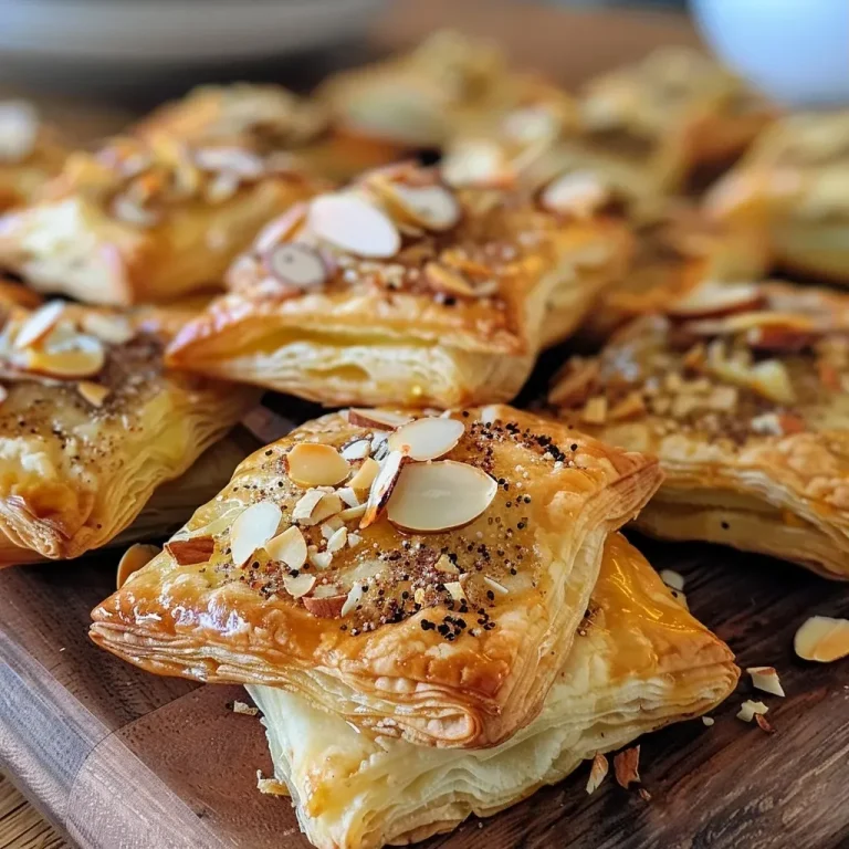 Close-up of golden puff pastry bites filled with Brie cheese and slices of pear.