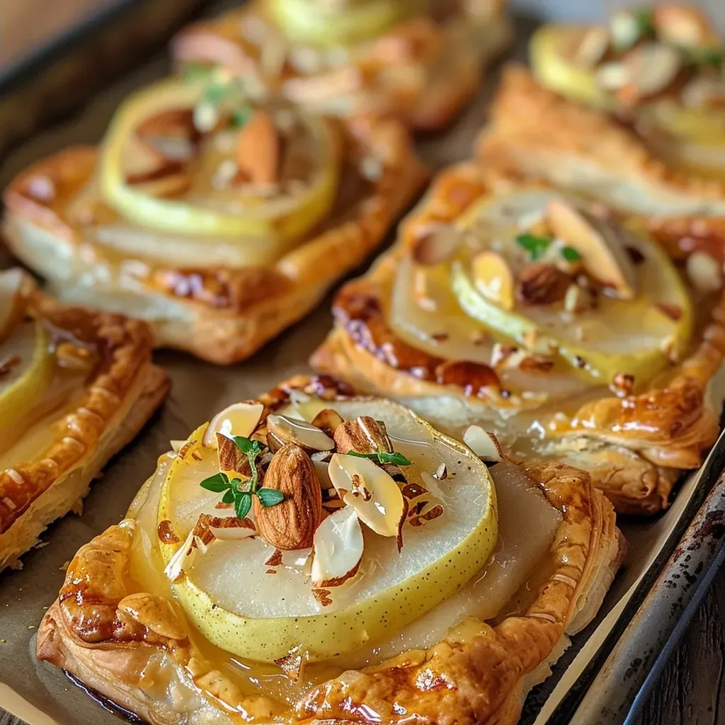 Side view of flaky pastry bites showcasing melted Brie and pear, garnished with almonds.