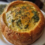 A close-up side view of a bread bowl filled with creamy broccoli cheddar soup.