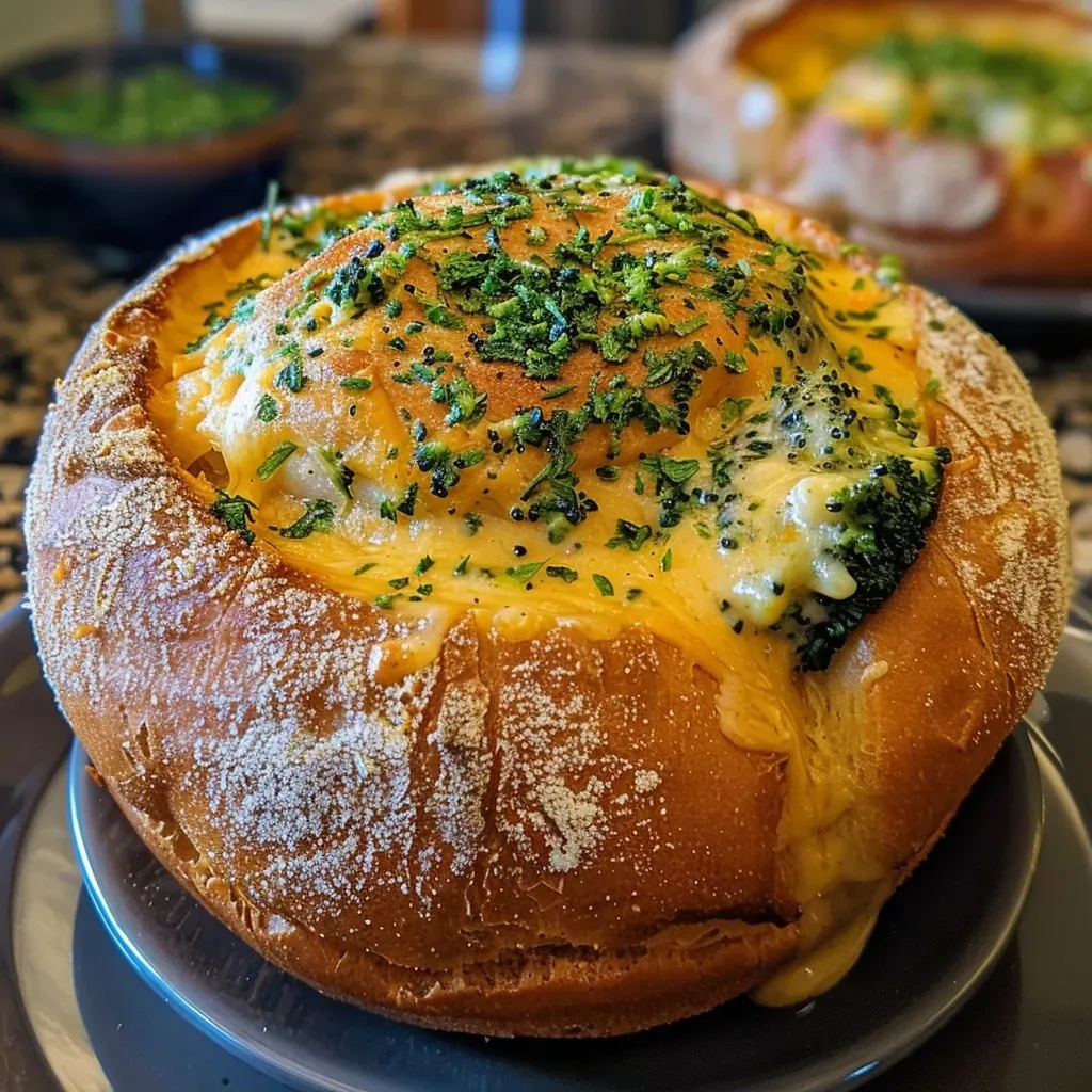 Freshly baked bread bowl overflowing with vibrant green broccoli cheddar soup.