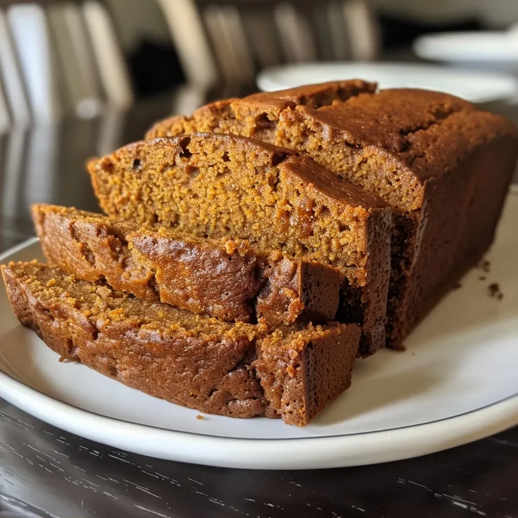 Sliced Brown Butter Pumpkin Bread showing a moist, dense interior with pumpkin and spices visible.