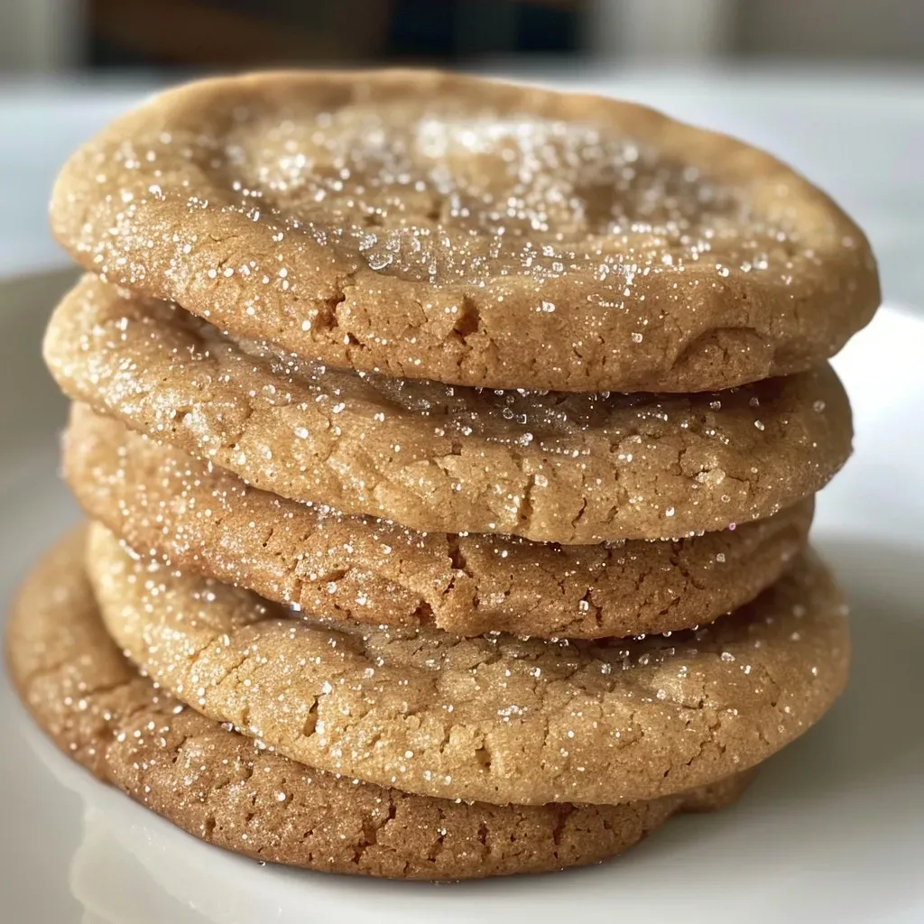 Side view of warm, delicious brown butter sugar cookies stacked on a plate, highlighting their chewy texture.