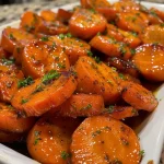 Close-up view of glazed carrots, glistening with brown sugar.