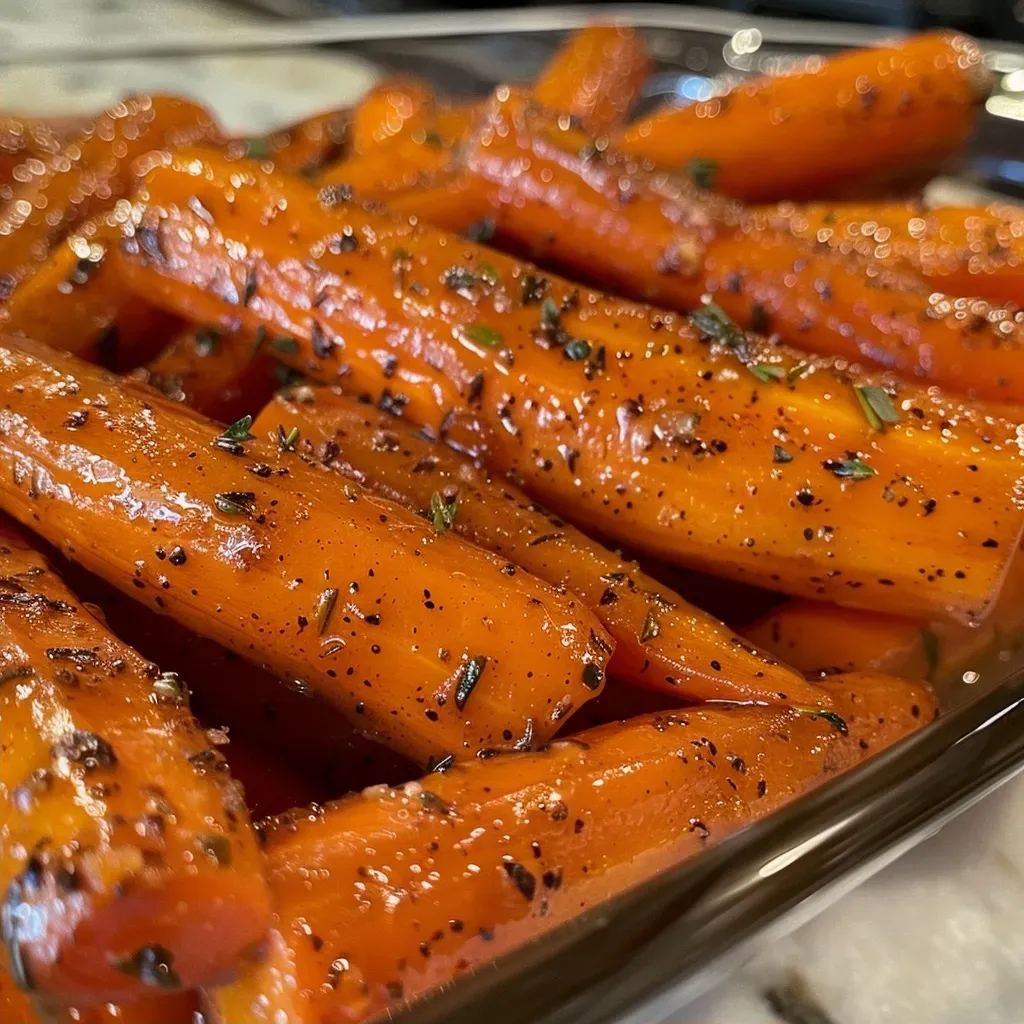 Side view of juicy carrots coated in a brown sugar glaze.