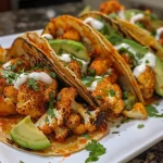 Close-up view of Buffalo Cauliflower Tacos with avocado and cilantro.