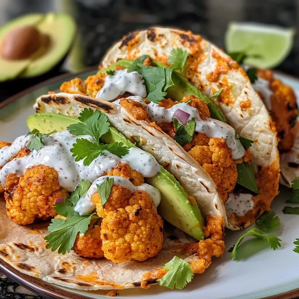 Side view of delicious Buffalo Cauliflower Tacos in a taco shell.