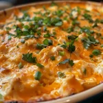 A close-up side view of a creamy Buffalo Chicken Dip served in a bowl with dipping options.
