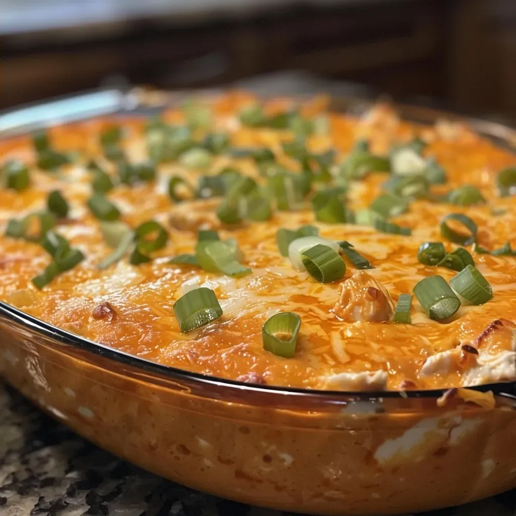 An appetizing close-up of Buffalo Chicken Dip surrounded by Fritos scoops and carrot sticks.