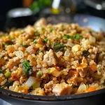 Close-up view of Bulgur Wheat Sage and Onion Stuffing, showcasing its texture and ingredients.