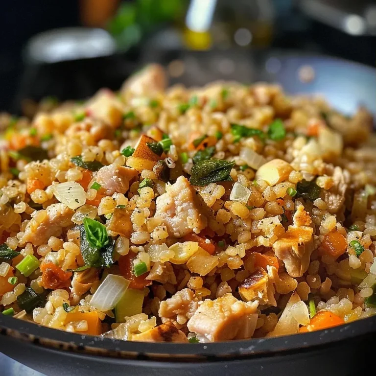 Harvest Harmony: Crafting the Perfect Bulgur Wheat Sage and Onion Stuffing Close-up view of Bulgur Wheat Sage and Onion Stuffing, showcasing its texture and ingredients.