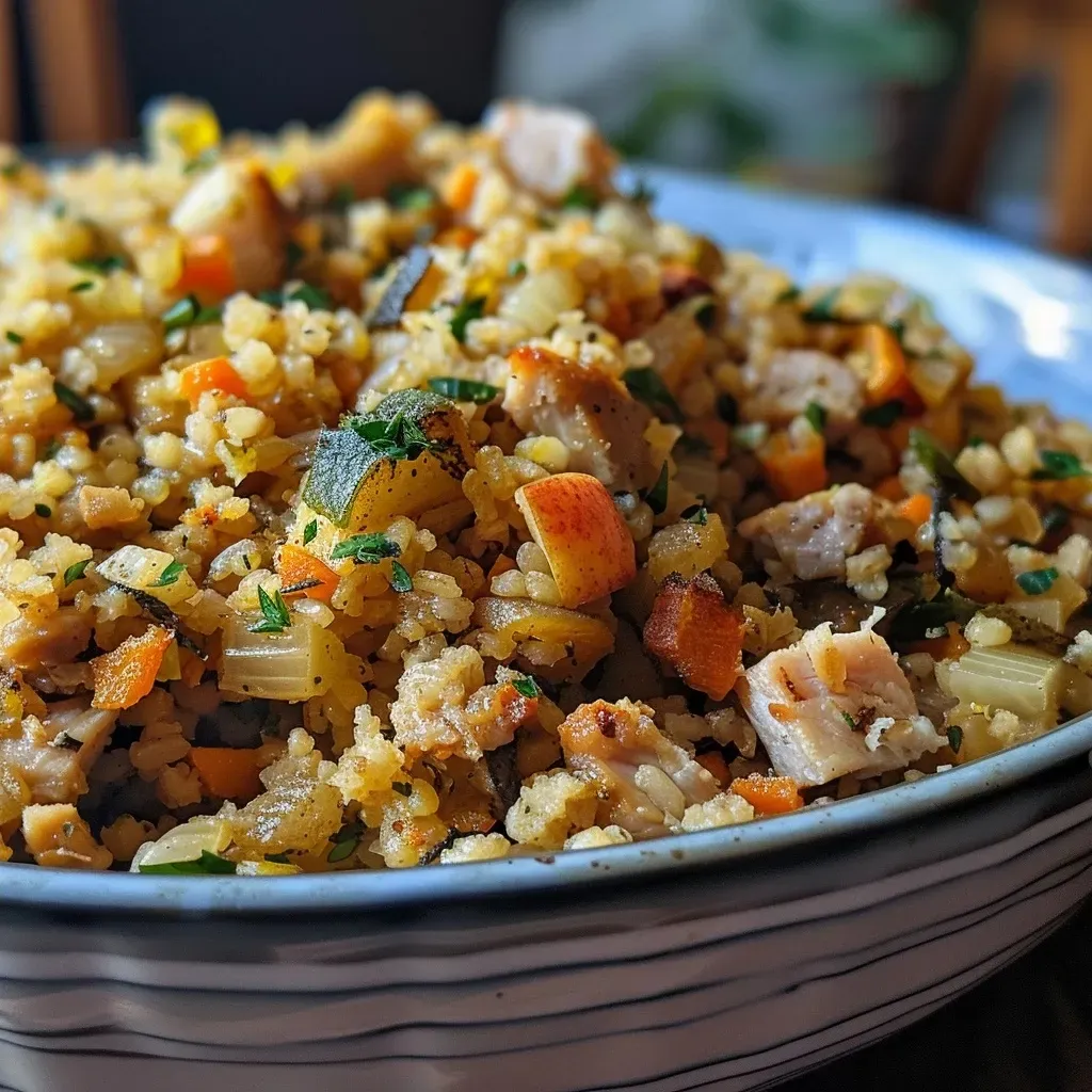 Side angle photo of a hearty serving of Bulgur Wheat stuffing with visible sage and onion bits.