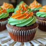 Close-up side view of a pumpkin cupcake topped with orange buttercream icing.