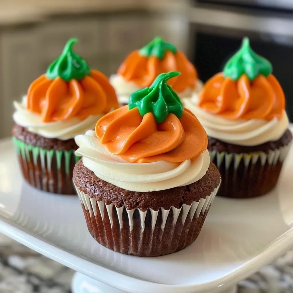 Detailed image of a delicious pumpkin cupcake with vibrant orange frosting and green accents.