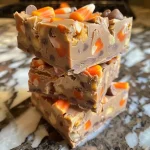 Close-up of Butterfinger fudge stacked on a plate with a creamy texture.