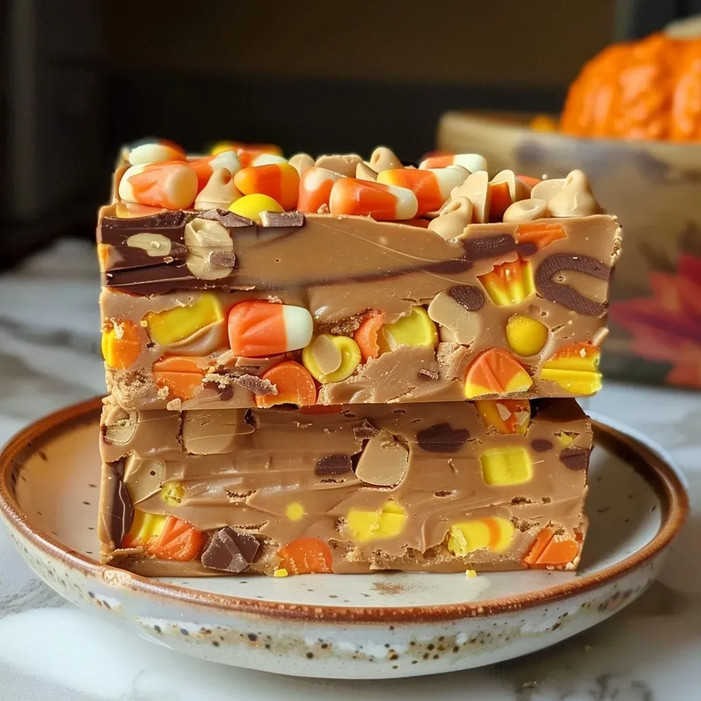 Side view of rich Butterfinger fudge with a shiny surface and peanut butter flavor.