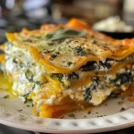 Close-up view of Butternut Squash and Spinach Lasagna with layers visible.