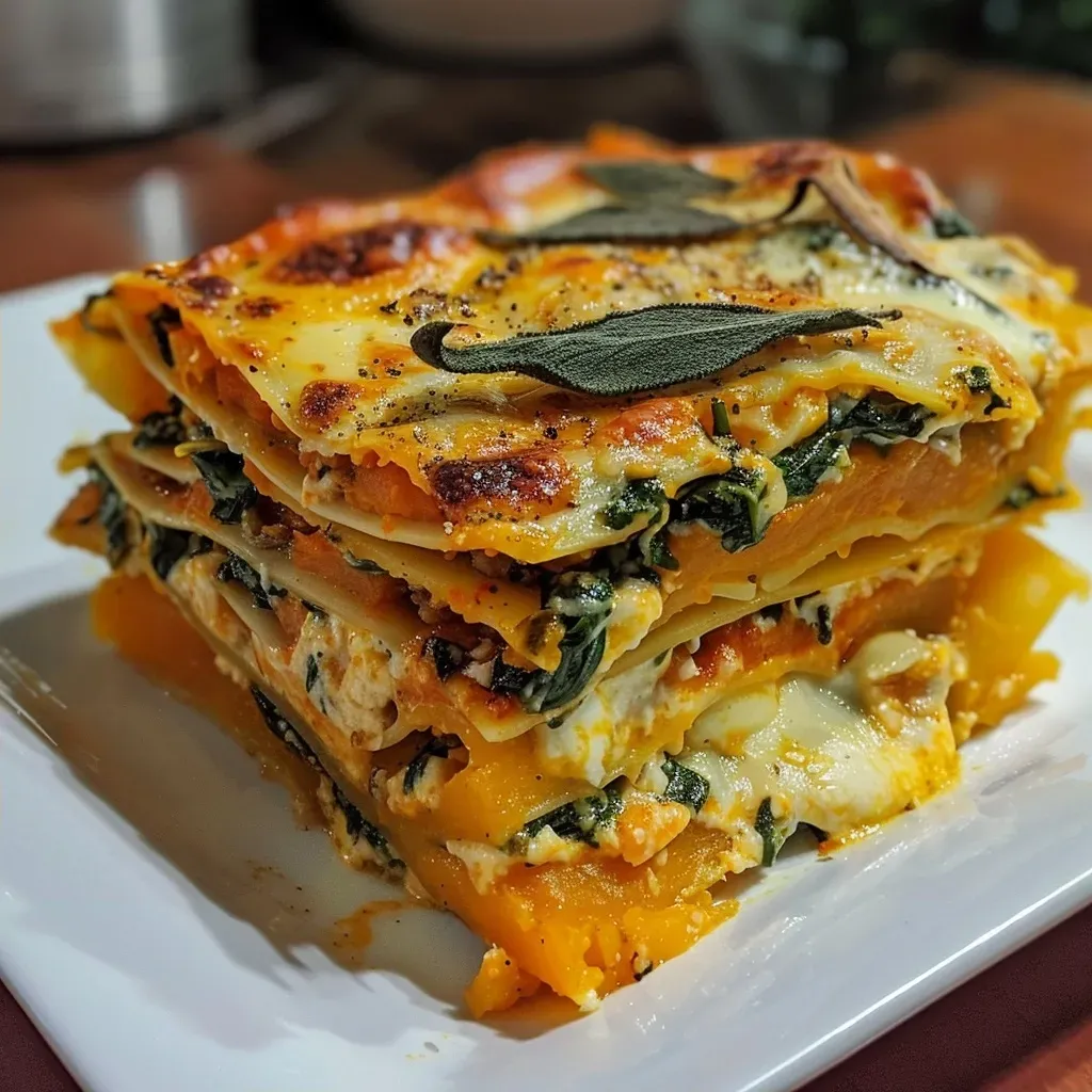 Side view of a slice of lasagna showcasing butternut squash and spinach.