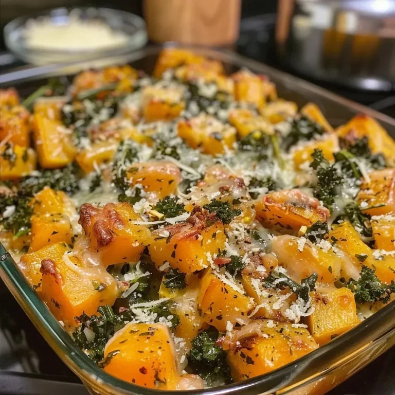 Harvest Harmony: The Butternut Squash & Kale Bake That Celebrates Every Bite Close-up side view of a hearty Butternut Squash and Kale Bake with melted cheese on top.