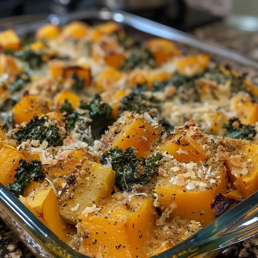Vibrant dish of baked butternut squash and kale, showcasing cubed squash and chopped greens.