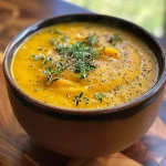 Close-up of a bowl of creamy butternut squash soup, garnished with fresh thyme.