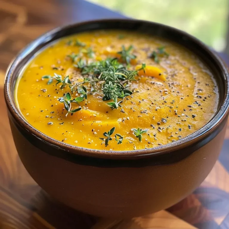 Harvesting Joy: A Sheet-Pan Butternut Squash Soup to Warm the Soul Close-up of a bowl of creamy butternut squash soup, garnished with fresh thyme.