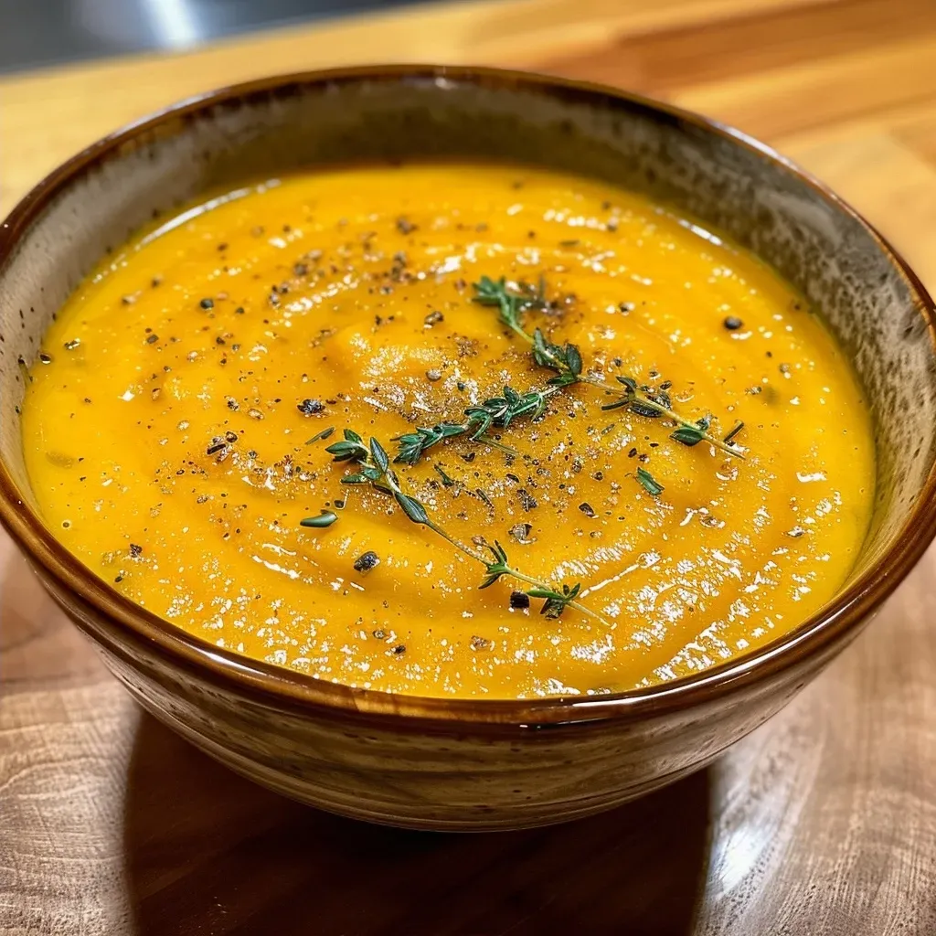 Side view of delicious roasted butternut squash soup in a rustic bowl, showcasing its vibrant orange color.