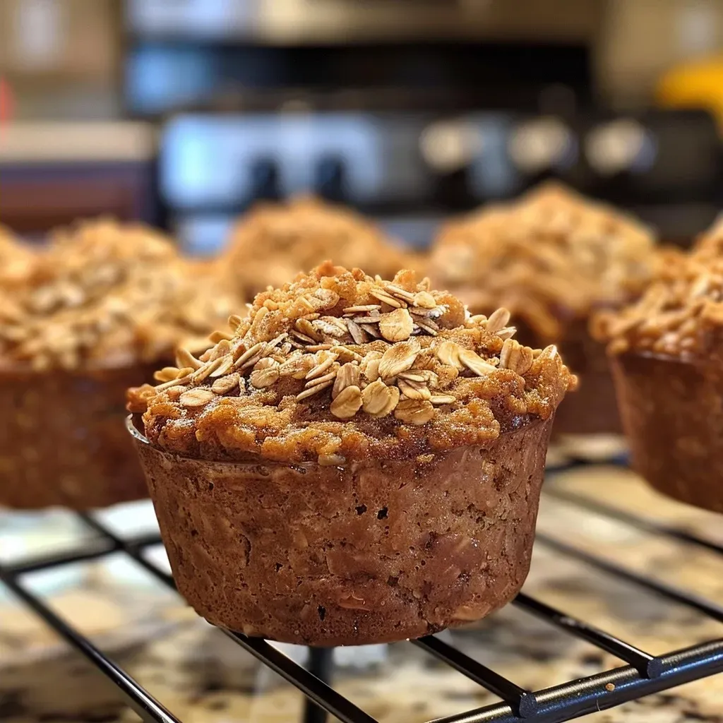 Side view of freshly baked muffins displaying a moist texture and oatmeal topping.