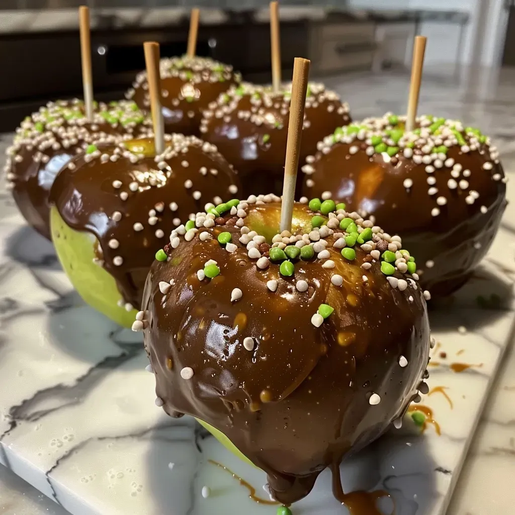 Side view of caramel-dipped apple slices with colorful toppings on a white plate.
