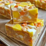 Close-up view of colorful candy corn fudge with yellow and orange layers.