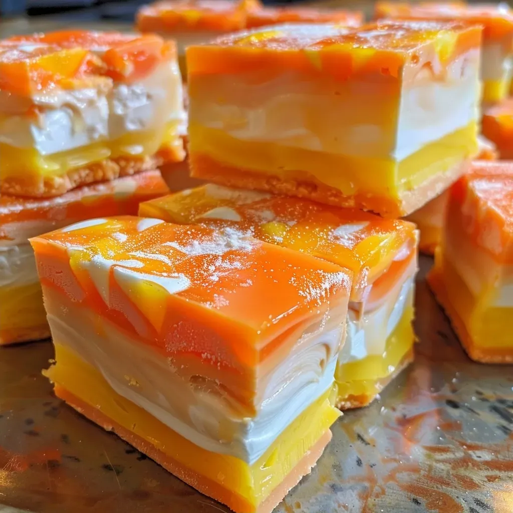 Side angle of vibrant candy corn fudge, showcasing its creamy texture and bright colors.