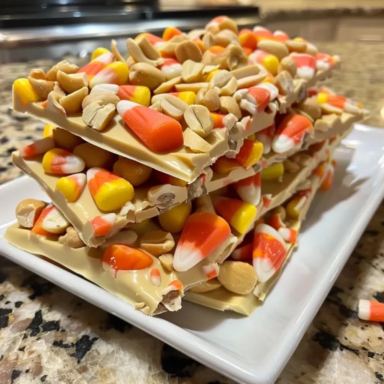 A Sweet Harvest Delight: Crafting Candy Corn Peanut Bark to Celebrate Fall Close-up view of Candy Corn Peanut Bark showcasing colorful candy corn and peanuts on a white chocolate base.