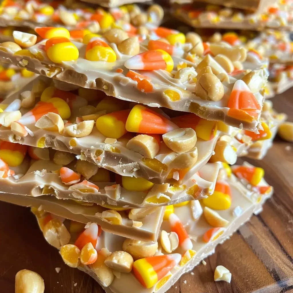 Side angle of Candy Corn Peanut Bark with vibrant candy corn pieces and salted peanuts on a creamy white chocolate layer.